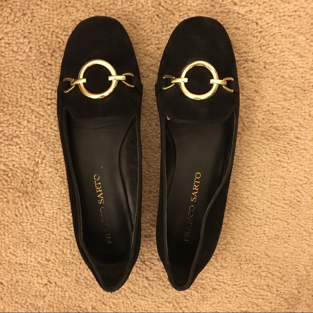 Black suede flats with gold accents